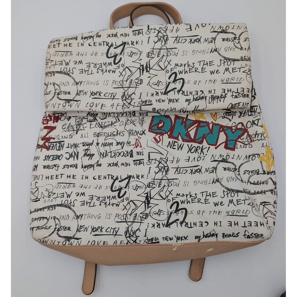 DKNY New York Graffiti Foldover Backpack White Tan Street Art Print
